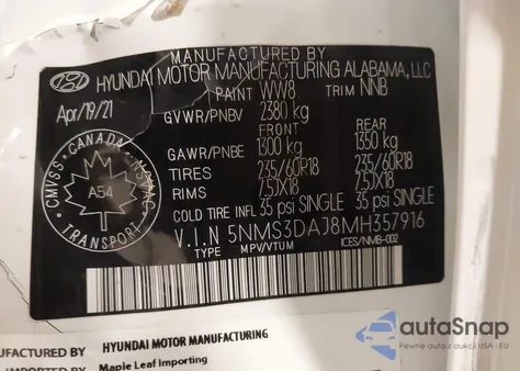 2021 Hyundai Santa Fe Preferred Awd из США, поврежденный, VIN 5NMS3DAJ8MH357916